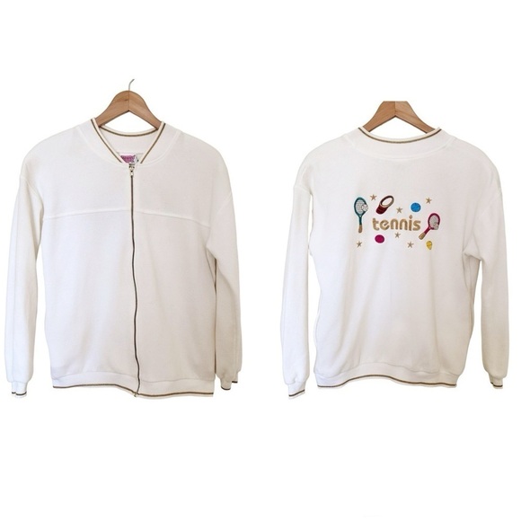 Vintage Jacket Embroidered Tennis White Gold Retro Medium - Picture 9 of 9